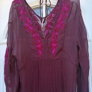 Free People Burgundy Midi Dress with Hot Pink Embroidery